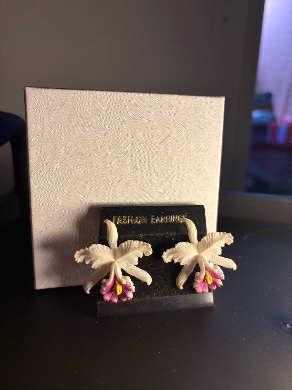 Floral Orchid Drop Earrings in Cream and Pink -